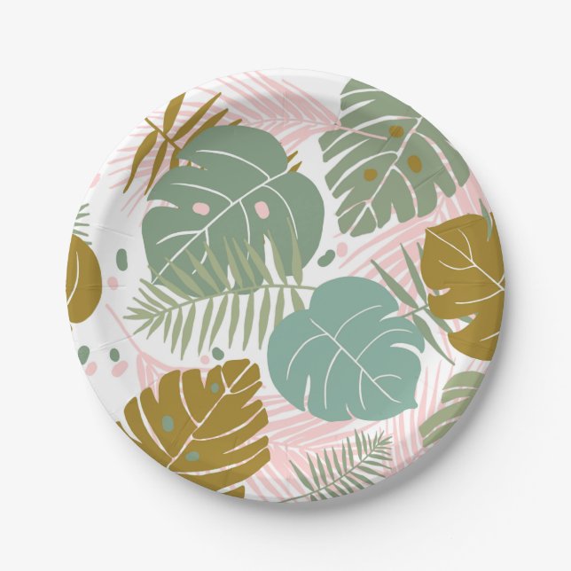 Tropical Foliage - Monstera And Palm Leaf Pattern Paper Plates (Front)