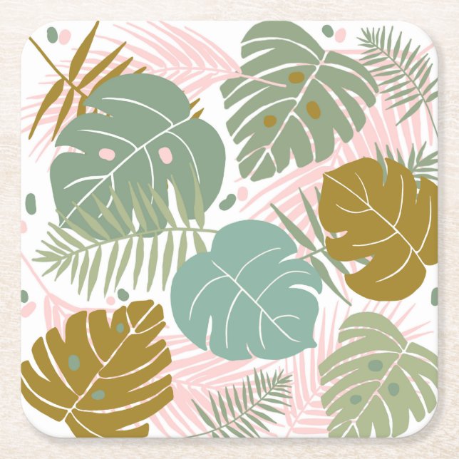 Tropical Foliage - Monstera And Palm Leaf Pattern Square Paper Coaster (Front)