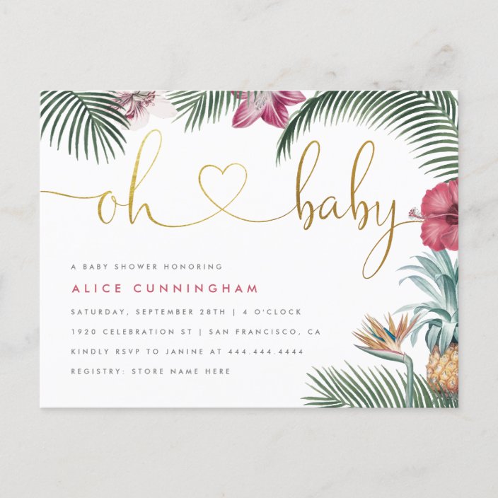 Tropical Foliage Oh Baby Gold Script Shower Invitation Postcard Zazzle Tropical Foliage Oh Baby Gold Script