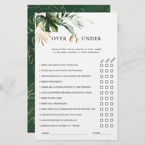 Tropical Foliage Over or Under Bridal Shower Game 