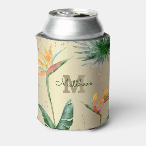 Tropical Foliage Palm Floral Monogram Script Gold Can Cooler