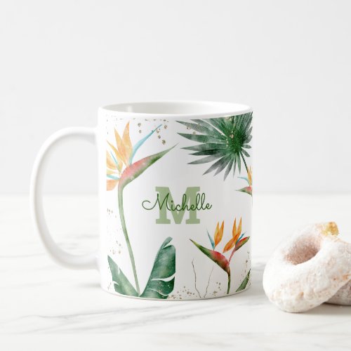 Tropical Foliage Palm Floral Monogram Script Gold Coffee Mug