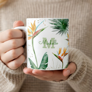 Tropical Foliage Palm Floral Monogram Script Gold Coffee Mug