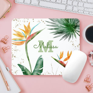 Tropical Foliage Palm Gold Floral Monogram Script Mouse Pad