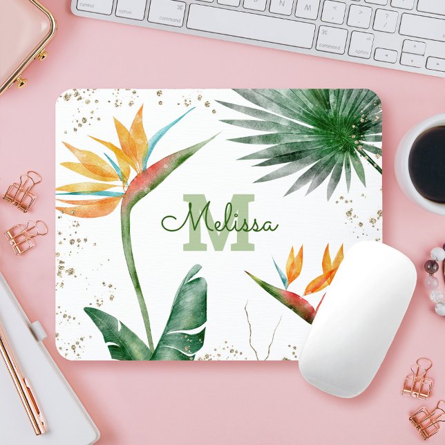 Tropical Foliage Palm Gold Floral Monogram Script Mouse Pad (Creator Uploaded)