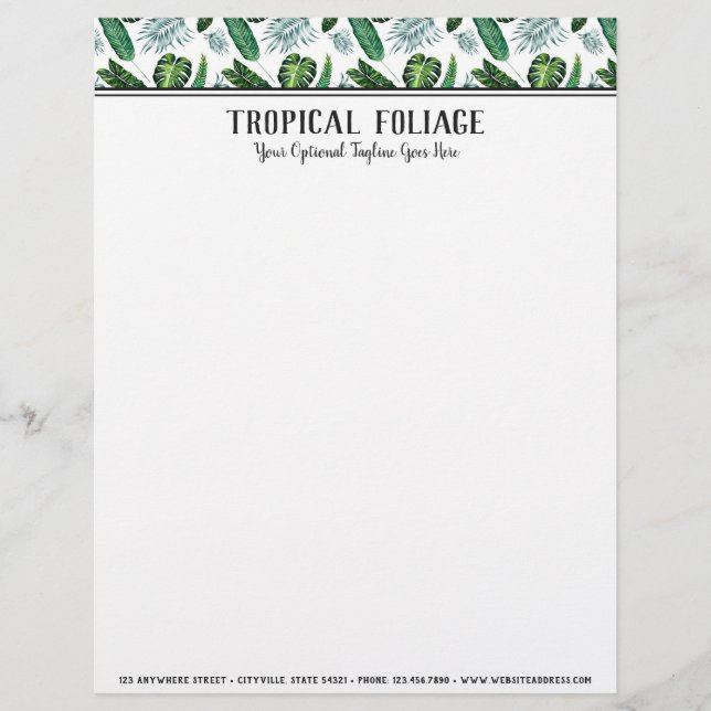 Tropical Foliage Palm Leaves & Greenery Watercolor Letterhead (Front)