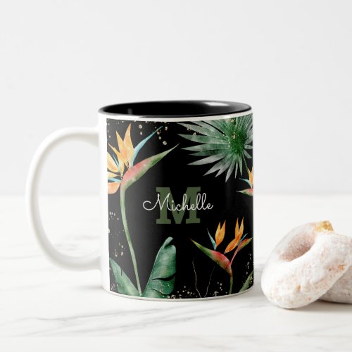 Tropical Foliage Palm Monogram Script Gold Black Two_Tone Coffee Mug