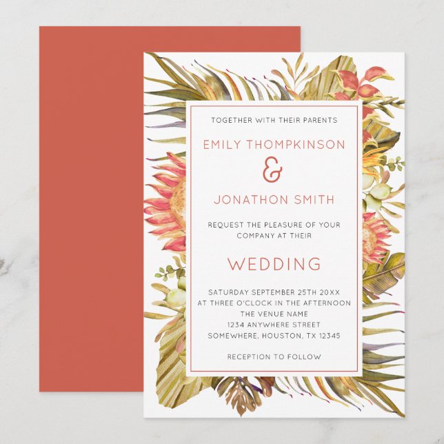 Tropical Foliage Pampas Coral Florals Wedding Invitation (Front/Back)