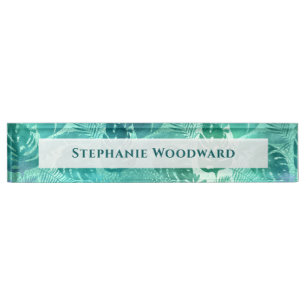 Tropical Foliage Pattern Blue Green Desk Name Plate