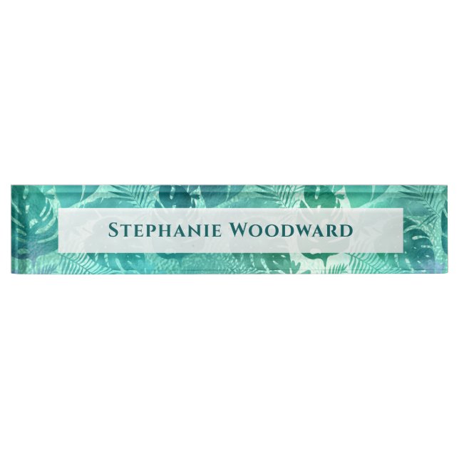 Tropical Foliage Pattern Blue Green Desk Name Plate (Front)