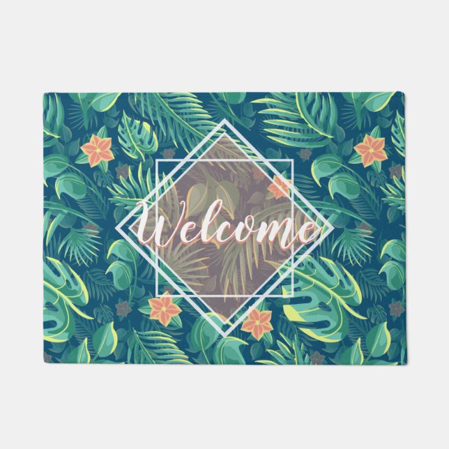 Tropical Foliage Pattern Personalized Welcome Doormat (Front)