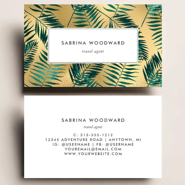 Tropical Foliage Pattern Teal Gold Business Card (Creator Uploaded)