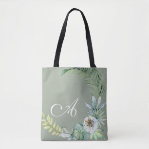  Tropical Foliage Personalized Sage  Tote Bag