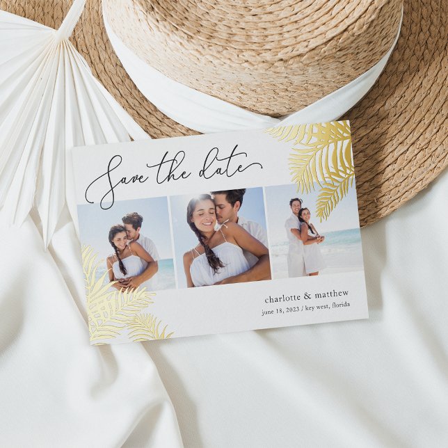 Tropical Foliage Photo Collage Save the Date Foil Invitation (Creator Uploaded)