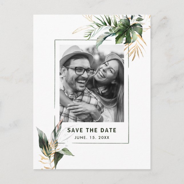 Tropical Foliage Photo Wedding Save the Date Announcement Postcard (Front)