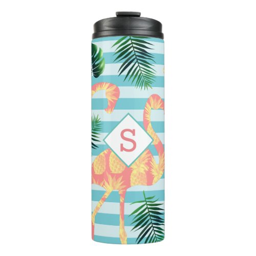 Tropical Foliage  Pineapple Flamingos  Monogram Thermal Tumbler