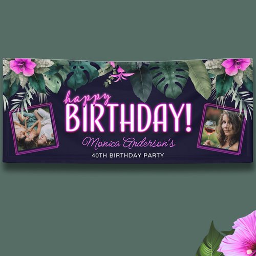Tropical Foliage Pink Neon Happy Birthday Photo Banner