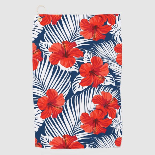 Tropical Foliage Red Floral Hibiscus Golf Towel