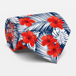 Tropical Foliage Red Floral Hibiscus Neck Tie