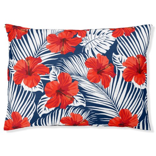 Tropical Foliage Red Floral Hibiscus Pet Bed