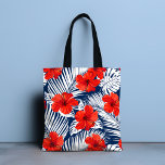 Tropical Foliage Red Floral Hibiscus Tote Bag<br><div class="desc">This design features white tropical foliage on a navy blue background with bright red hibiscus flowers.
#tropical #floral #flowers #hibiscus #elegant #stylish #feminine #pattern #beach</div>