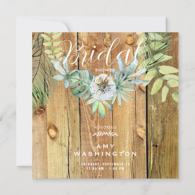 Tropical Foliage Rustic Wood Square Bridal Shower  Invitation (Front)