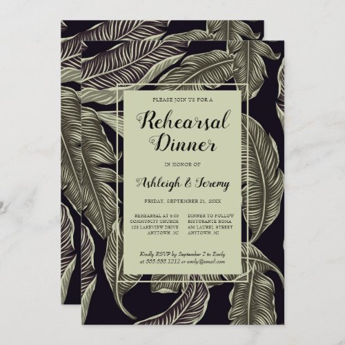 Tropical Foliage Sage Green Black Rehearsal Dinner Invitation