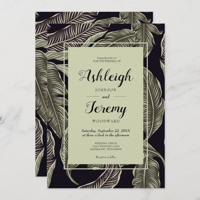 Tropical Foliage Sage Green Black Script Wedding Invitation (Front/Back)