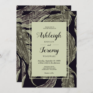 Tropical Foliage Sage Green Black Script Wedding Invitation