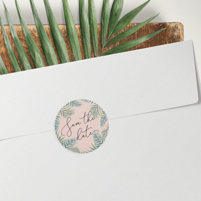 Tropical Foliage Save the Date Classic Round Sticker (Creator Uploaded)