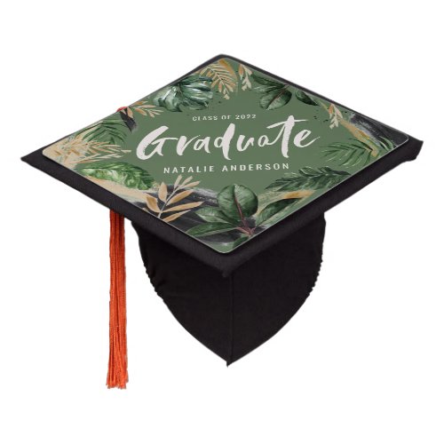 Tropical foliage script modern green botanical graduation cap topper