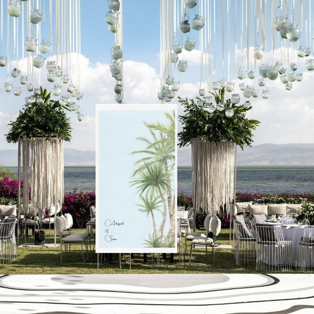 Tropical Foliage Script Names Ice Blue Wedding Paper Guest Towels (Creator Uploaded)