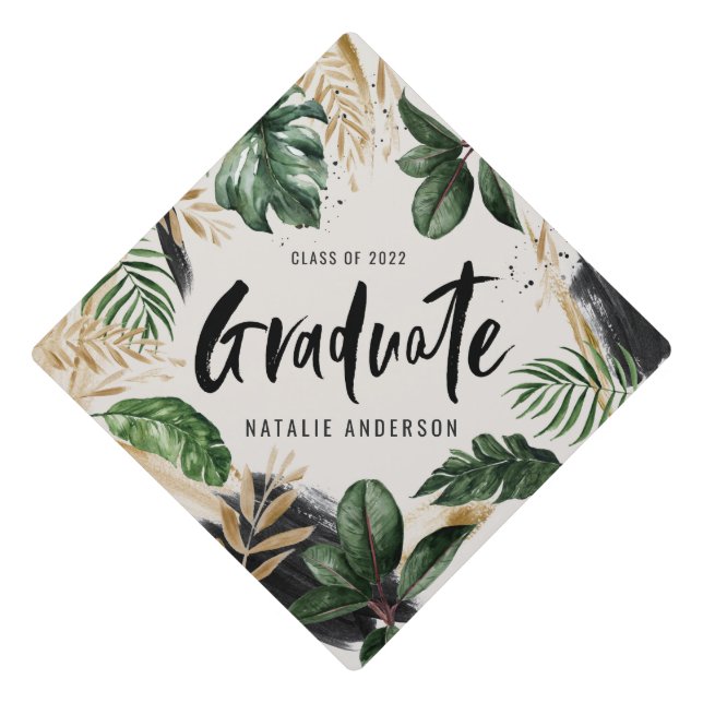 Tropical foliage script text graduation cap topper (Front)