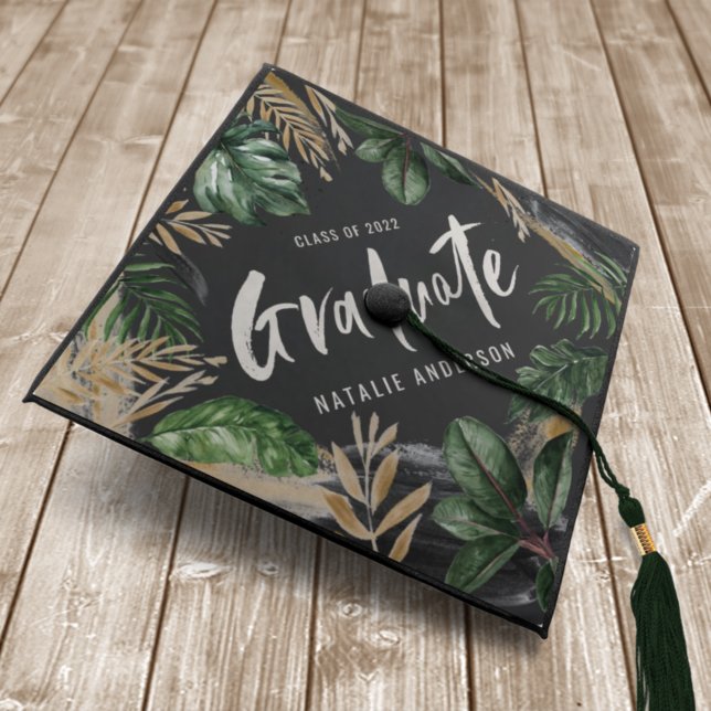 Tropical foliage script text graduation graduation cap topper (Creator Uploaded)
