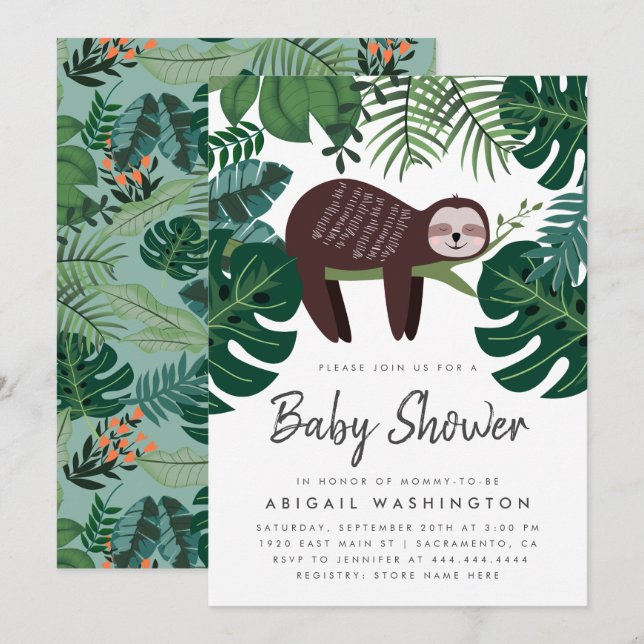 Tropical Foliage Sleeping Sloth Baby Shower Invitation (Front/Back)