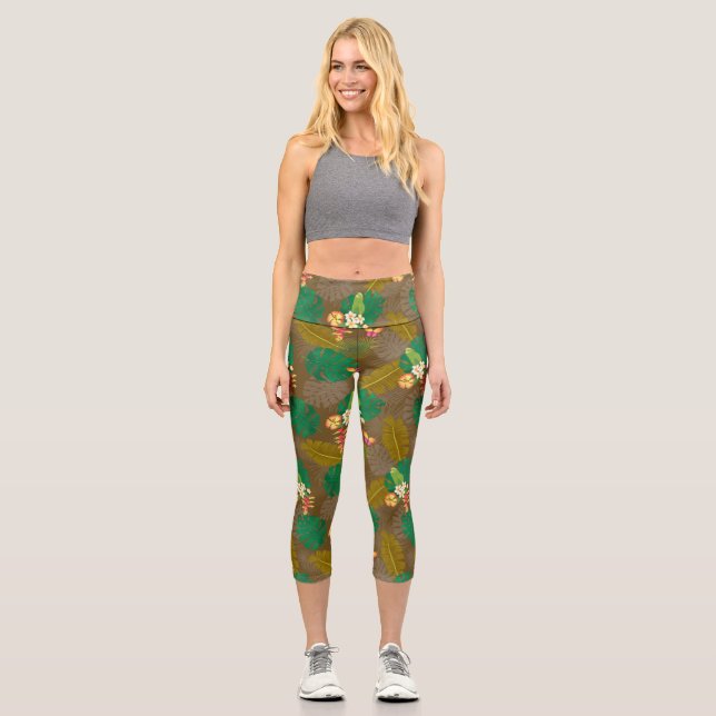 Tropical Foliage Summer Brown Capri Leggings (Front)