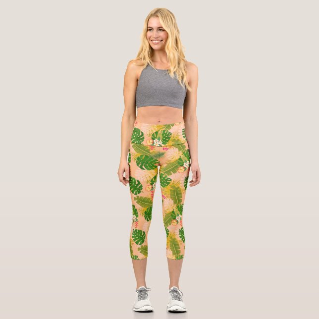 Tropical Foliage Summer Orange Capri Leggings (Front)