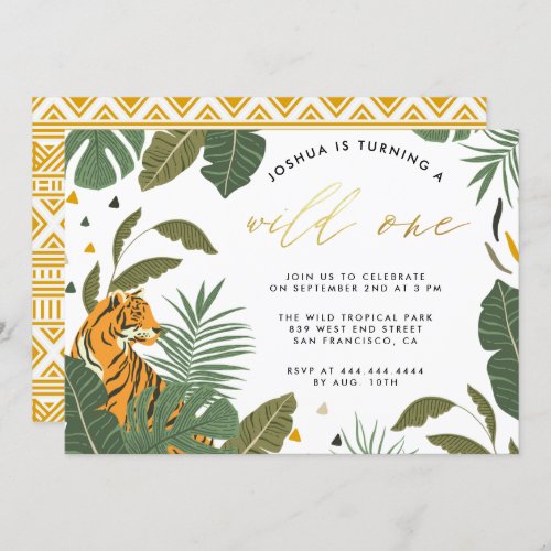 Tropical Foliage Tiger Gold Wild One Birthday Invitation