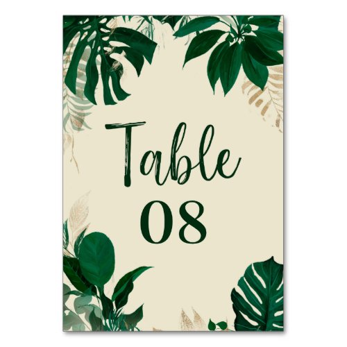 Tropical Foliage Trendy Greenery  Leaves Wedding Table Number