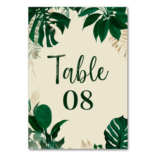 Tropical Foliage Trendy Greenery & Leaves Wedding Table Number (Front)