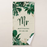 Tropical Foliage Trendy Greenery Wedding Mr Bath Towel<br><div class="desc">Tropical Foliage Trendy Greenery and Gold Leaves Personalized Mr. and Mrs. Last Name Towels - Trendy Marker Brushed Script Lettering. A fun keepsake for the honeymoon for the newlyweds! In a bold color palette of rich greens, emerald, and gold foil look. This design is perfect for a beach, destination, or...</div>