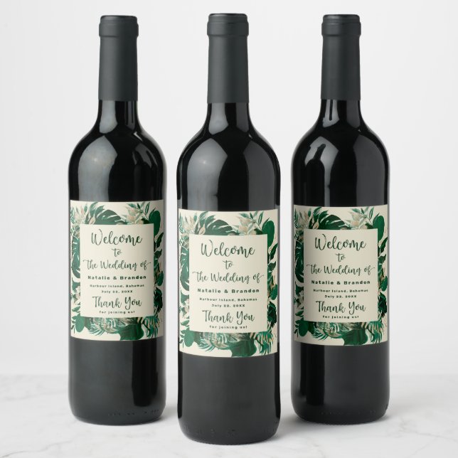 Tropical Foliage Trendy Greenery Wedding Welcome Wine Label (Bottles)