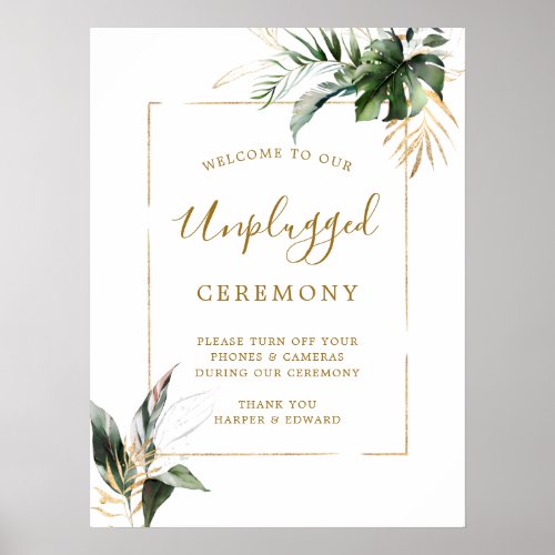 Tropical Foliage Unplugged Wedding Ceremony Sign