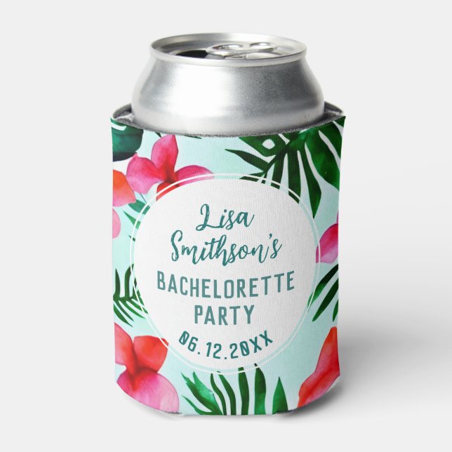    Tropical Foliage Watercolor Custom Bachelorette Can Cooler (Can Front)