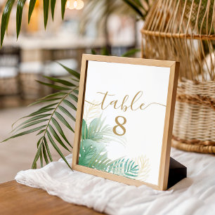 Tropical Foliage Watercolor Green gold Wedding  Table Number