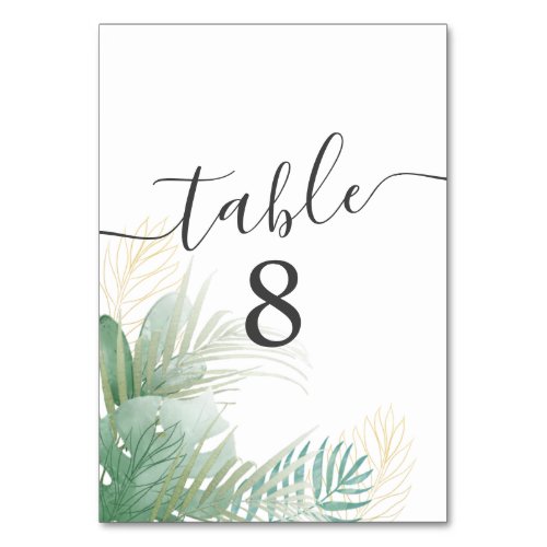 Tropical Foliage Watercolor Green Wedding Table Number