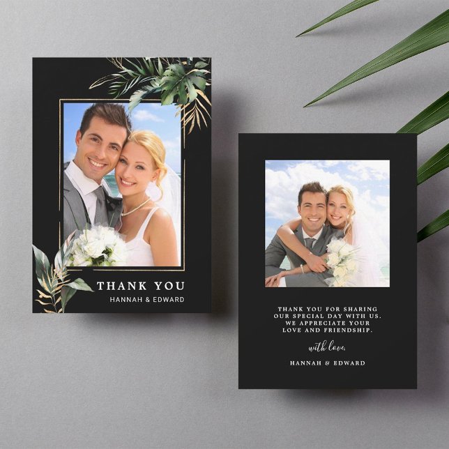 Tropical Foliage Wedding Black Photo Thank You Card (Front & Back)