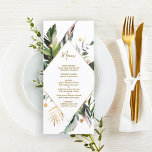 Tropical Foliage Wedding Gold & Green Menu<br><div class="desc">This wedding menu features watercolor palm tree leaves,  banana leaves,  exotic tropical leaves,  and faux gold leaves with a faux gold diamond shape frame.  It's perfect for a tropical,  beach,  summer,  or destination wedding.</div>