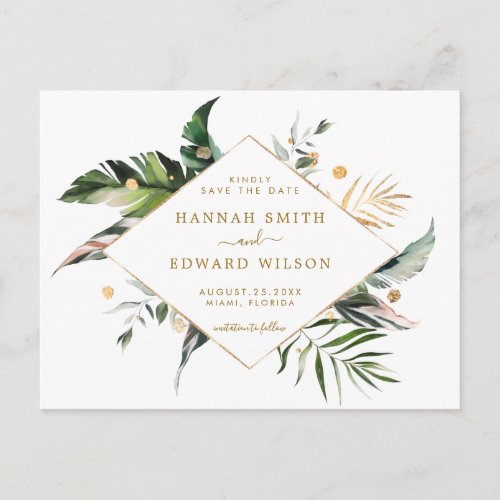 Tropical Foliage Wedding Gold Save The Date Announcement Postcard