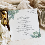 Tropical Foliage Wedding Menu Square Card<br><div class="desc">Island chic wedding menu in a unique square shape features your starter courses, entrees and desserts in elegant lettering, with your names and wedding date framed by tropical watercolor palm frond leaves in vibrant green. Coordinates with our Tropical Foliage wedding collection for summer, beach, and destination weddings. Use the template...</div>